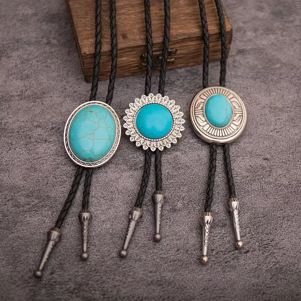 Turquoise Alloy Bolo Tie Fashion Trendy Men's Western Cowboy Style Adjustable Rope Necktie Shirt Collar Fashion Accessory
