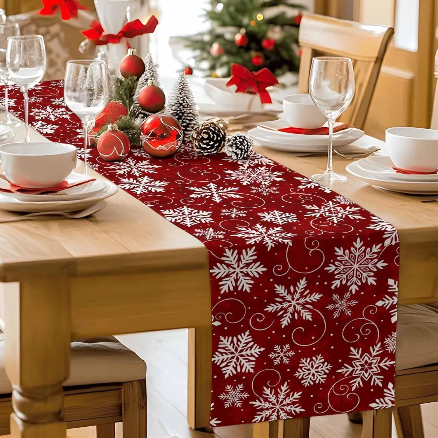 Merry Christmas Snowflake Linen Table Runner | Winter Xmas Festive Decor for Kitchen Dining Table & Holiday Party