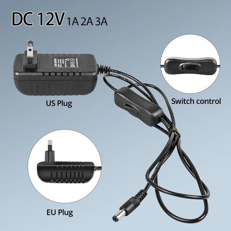 Zasilacz 12V 1A 2A 3 z przełącznikiem Wtyczka UE/USA Zasilacz Ładowarka AC 100-240V do DC 12V Sterownik transformatora oświetlenia LED