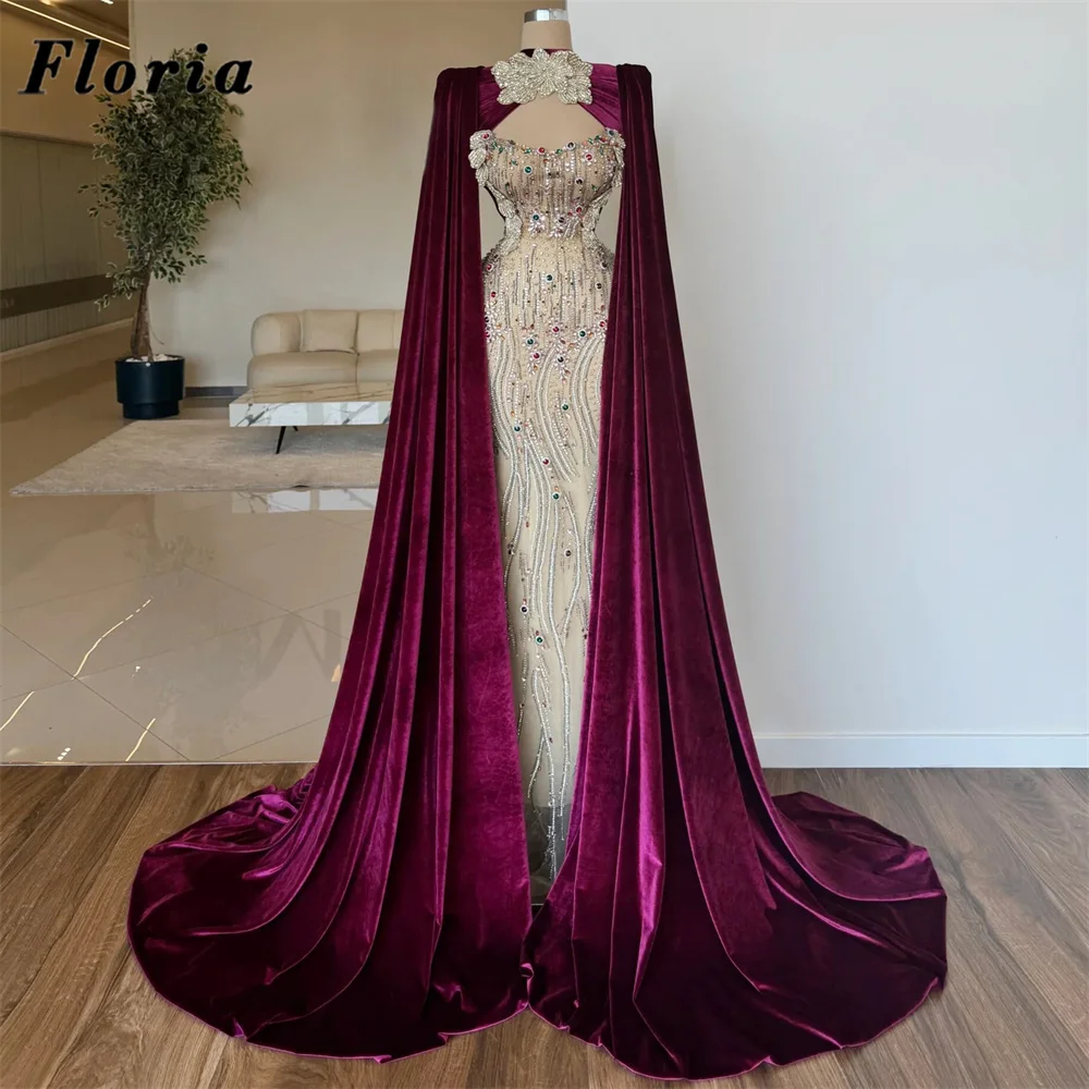 Middle East Beading Celebrity Dresses With Cape Long Sleeves Luxury Crystals Wedding Party Gowns Customized Girls Evening Dress