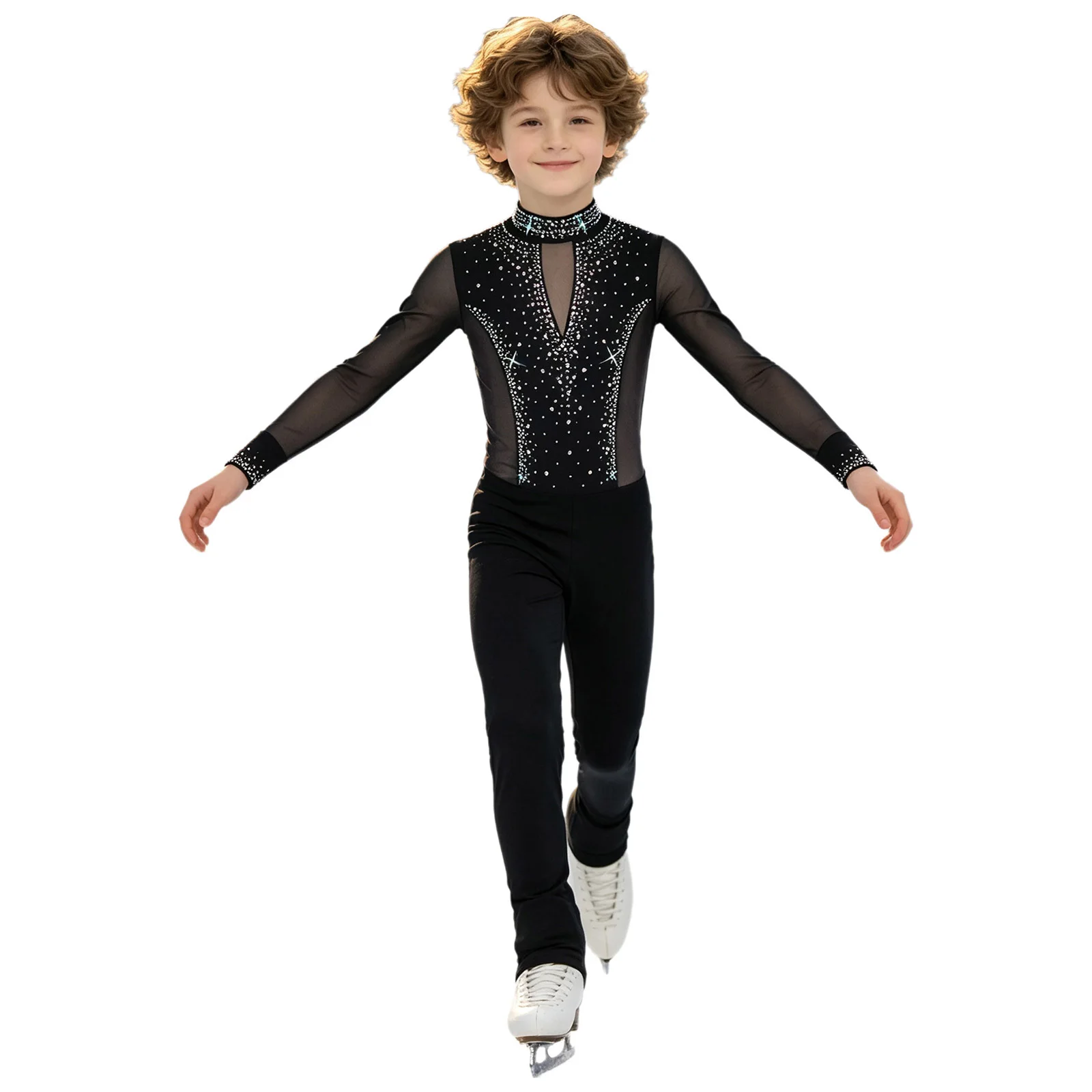 Children Boys Long Sleeve Shiny Rhinestone Sheer Mesh Figure Skating Gymnastics Acrobatics Ballet Latin Dance Leotard Dancewear