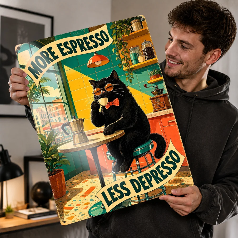 More Espresso Less Depresso Cat Metal Poster Cute Wall Art Personalized Vintage Tinplate Sign for Kitchen Cafe Bathroom Plaque
