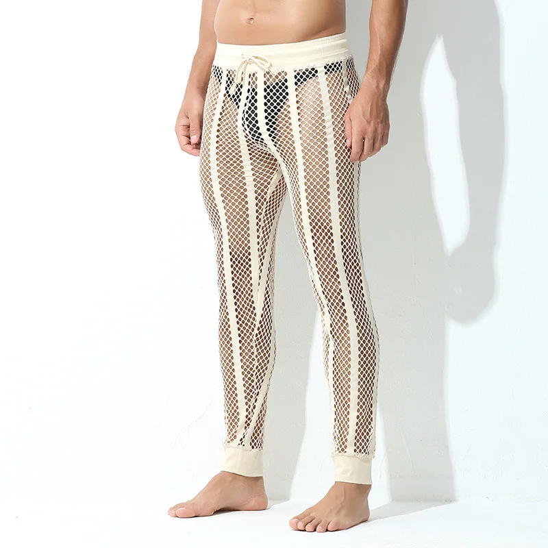 Pantalon de sport long en maille évidée pour hommes, vêtements de nuit respirants, rayure nouée, ceinture large, sexy, décontracté, été