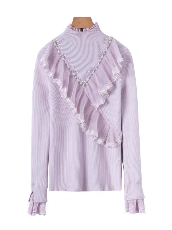 Серия Red Bead Зимний вязаный шерстяной свитер с тяжелой вышивкой Pearl Long Sve Свободный крой на пуговицах Кружевная панель Смесь ледяного шелка