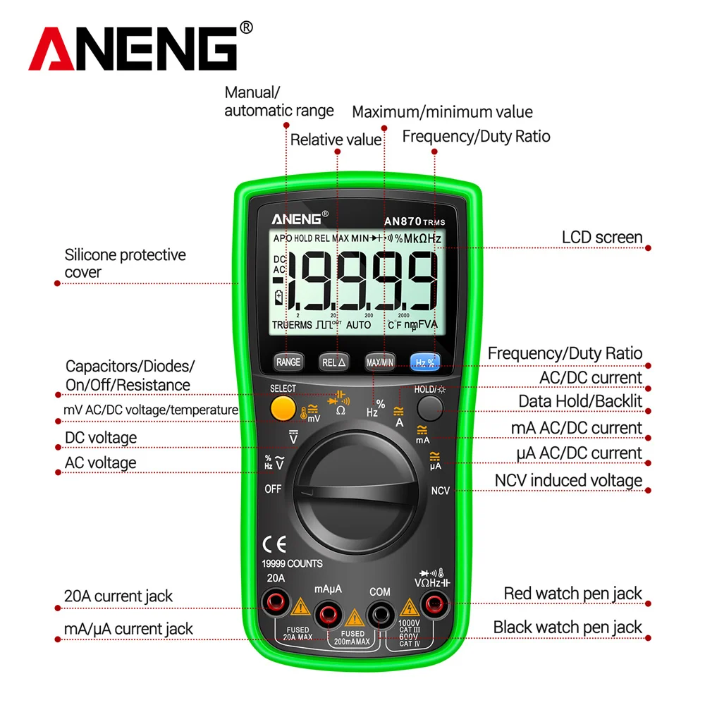 ANENG AN870  Digital Multimeter 19999 Counts profissional transistor electrical tester 600v multi volt esrmeter lead set