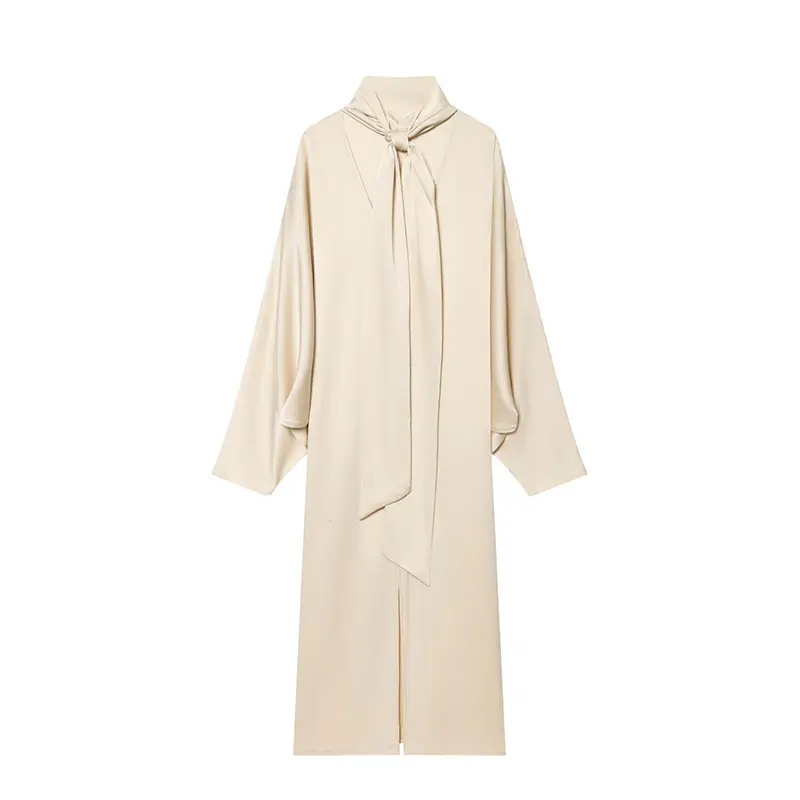 TFAFXY 2026 Vrouwen Mode Satijnen V-hals Jurk Lange Jurken Met Sjaal Chic Elegante Jurken Vrouwen Lange Mouw Casual Jurk