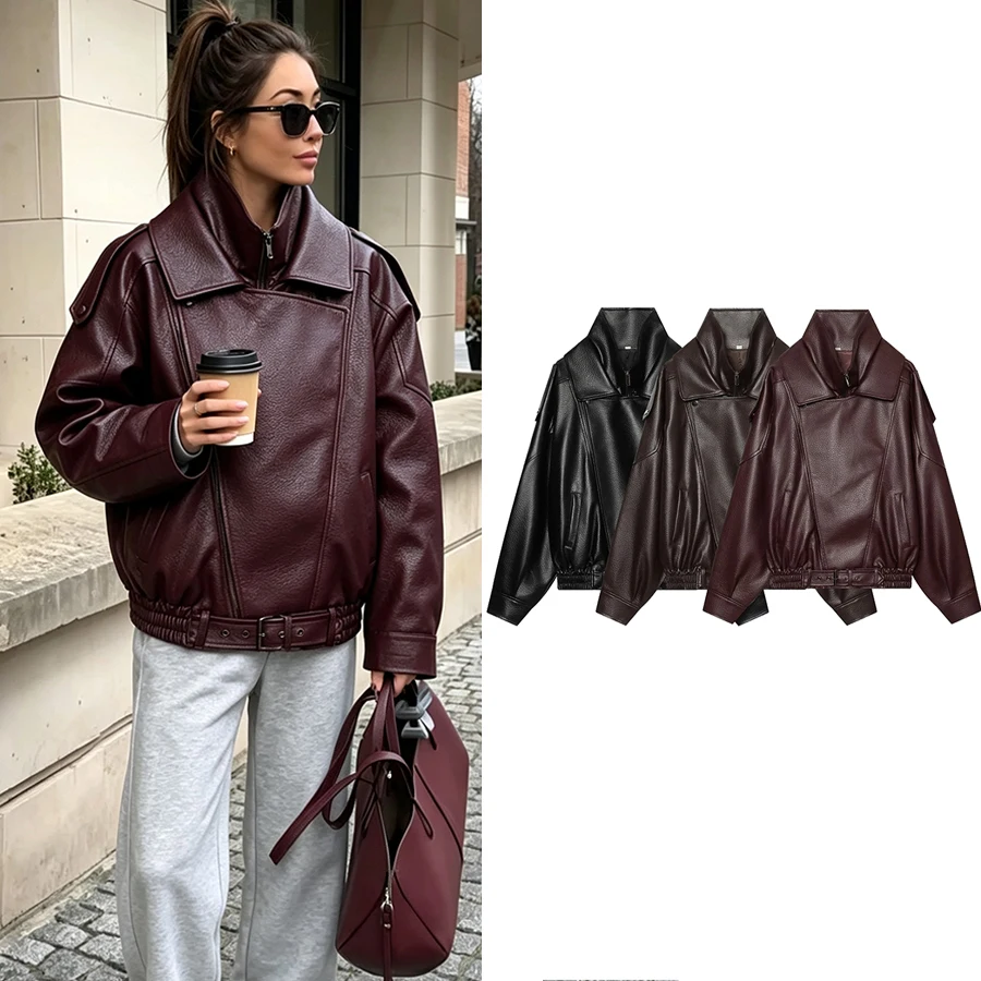 Women Fall Trendy Leather Jacket Women Stand-up Collar Faux Leather Zipper Jacket 2026 Fashion High Street Lady Jacket