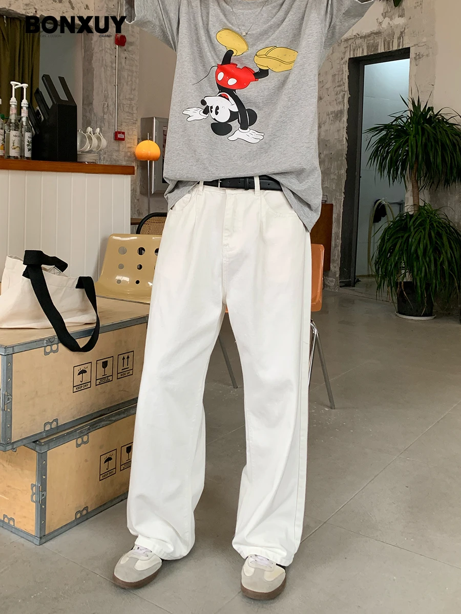 

BONXUY Solid color simple small straight wide leg pants men's jeans loose retro casual long pants