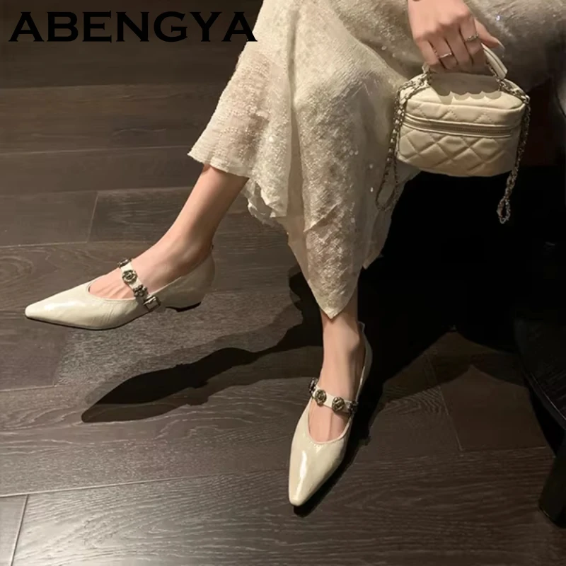 

Летние женские туфли Мэри Джейн с острым носком 2026 года, с металлической цветочной пряжкой и ремешком, балетки, элегантные туфли для платья, женские туфли без каблука