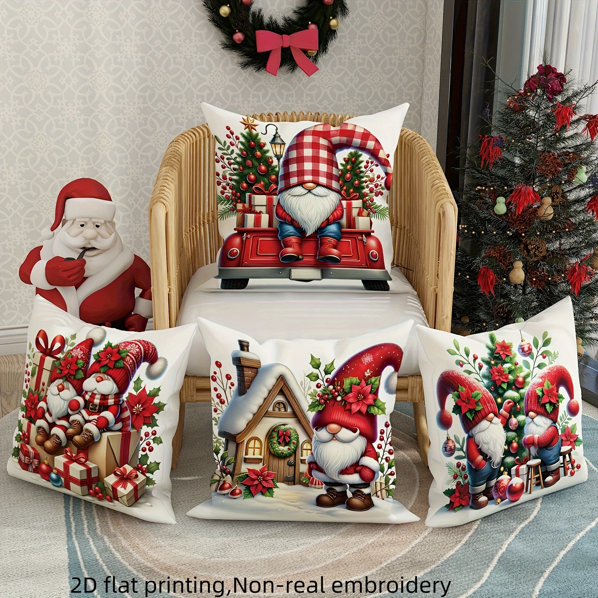 4pcs Christmas Gnome Pillow Covers – Red Plaid Elf Truck Design, Cozy Holiday Decor for Living Room Sofa & Home