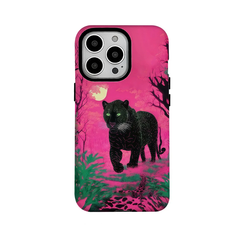 Black Panther Night Walk Oil Painting Pink Case for IPHONE 16ProMax 15 14 13 12 11 Acrylic TPU Two in One Magnetic Phone Cases