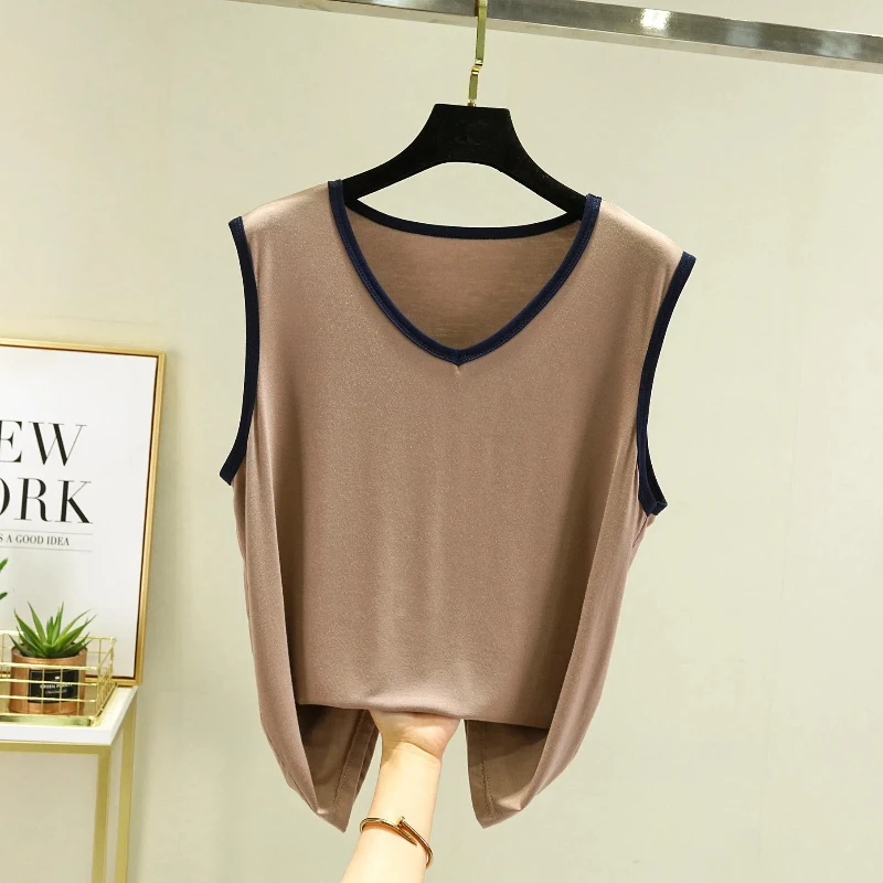 

V Neck Loose Simplicity Tanks Summer New Contrast Sleeveless Thin Street Casual T Shirt Tops Fashion Vintage Women Clothing