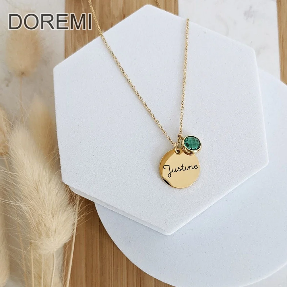 DOREMI Stainless Steel Round Coin Pendant Blank Necklace Custom Carved Letter Custom Name Necklace Birthstone Charm Necklace