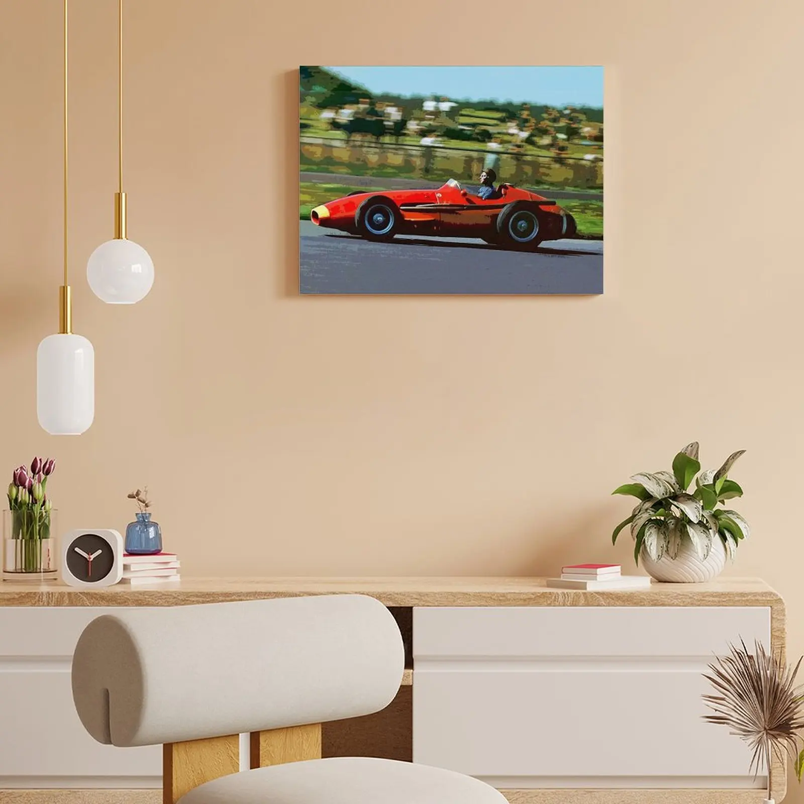 Juan Manuel Fangio Racing His 1957 Championship Winning Car Watercolor Canvas Painting Garage Create Framed Wall Painting view 3