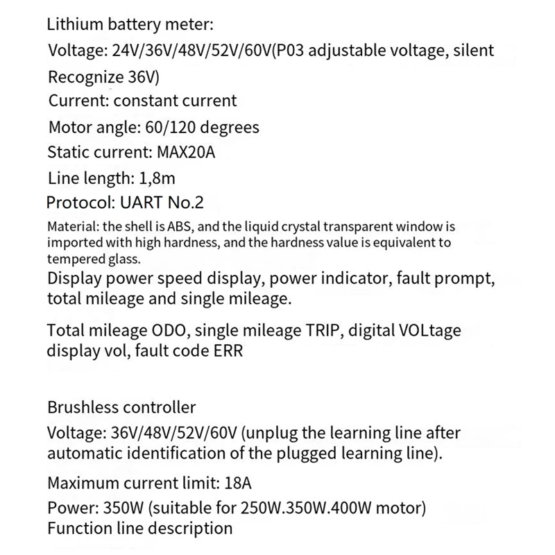 36V 48V 52V 60V 350W 18A Brushless DC Motor Controller Ebike Controller P3C LCD Display Speedometer