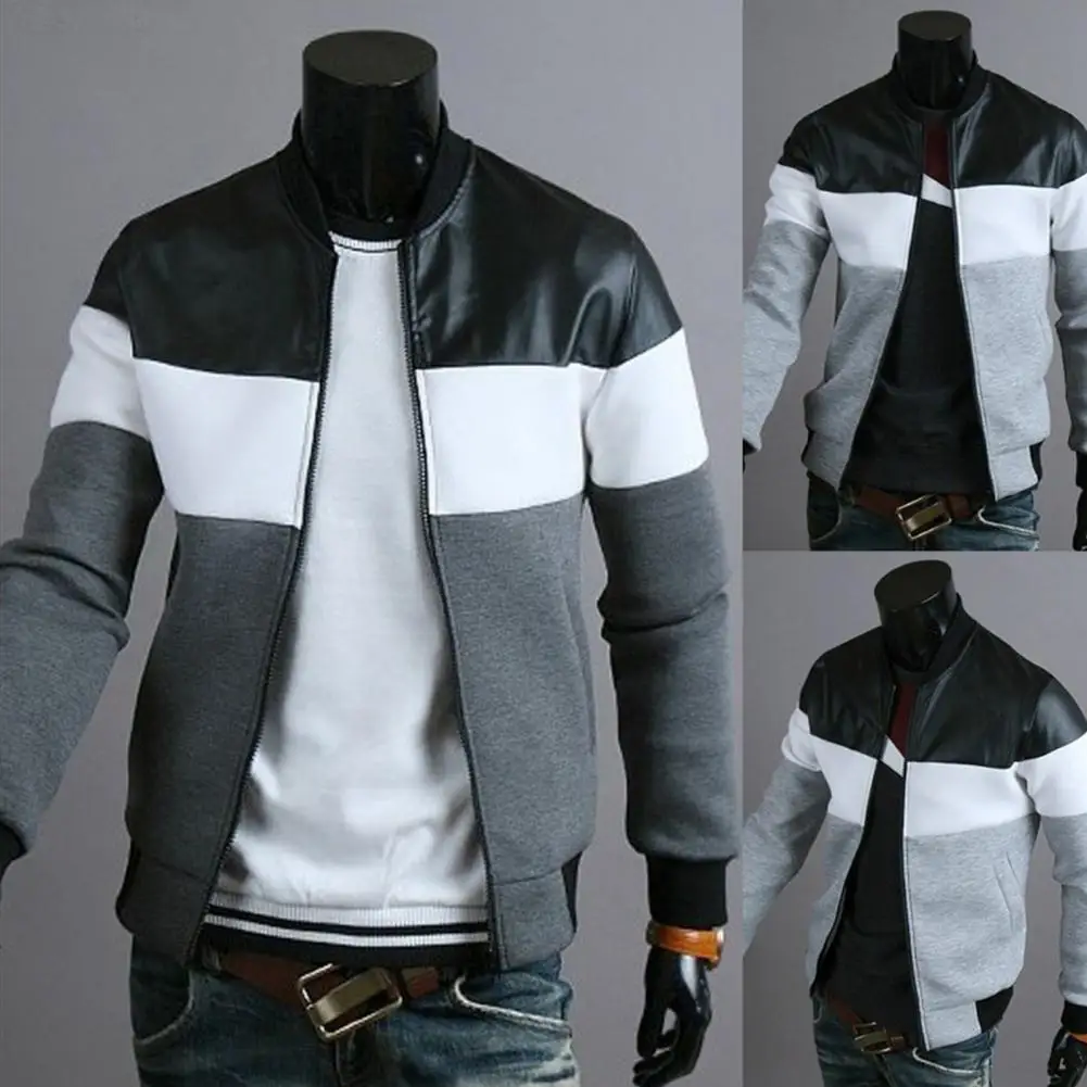 

Grey/Dark Grey Men Jacket Oblique Pockets Handsome Stylish Ribbed Slim Coat Top Men Coat Splicing Autumn Coat for Outdoor