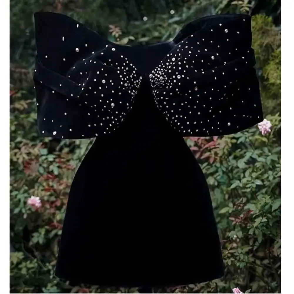 Elegant Artificial pearl Embellished Gowns Bow Women Mini Dresses Real Image Black A-line Short Formal Party Maxi Dress