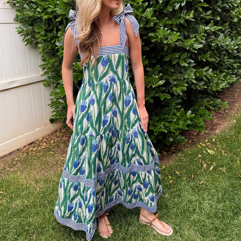 Maemukilabe feminino cottage boho maxi vestido floral gravata ombro flowy vestido longo verão praia pescoço quadrado babado em camadas vestido de verão