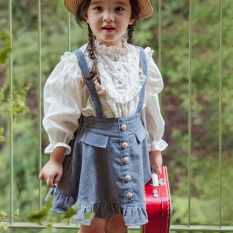 Small Checkered Strap Skirt 2025 Autumn Strawberry Shan Korean Children's Girls' Lotus Leaf Lace A-line Strap Skirt