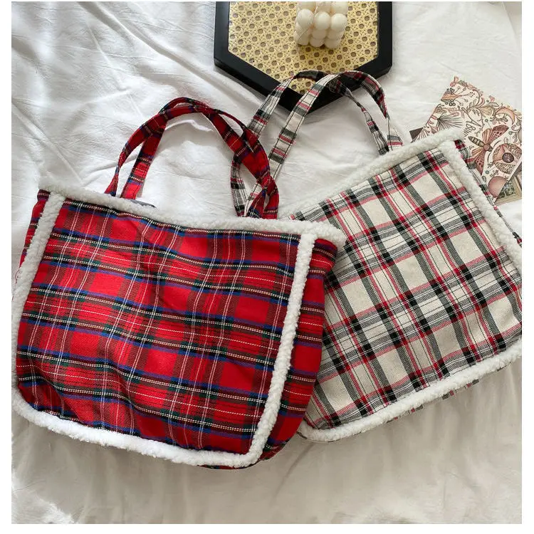 Women Bag Vintage Autumn Winter Plaid Casual Fashion Sweet Fluffy Shoulder Bag Handbag Bookbag for Students