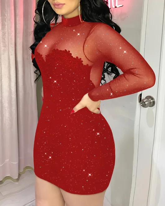 Kleid Damenmode 2025, Frühjahr/Sommer, Übergröße, Stehkragen, lange Ärmel, durchsichtiges Netz, rückenfrei, schmale Passform, figurbetontes Party-Minikleid