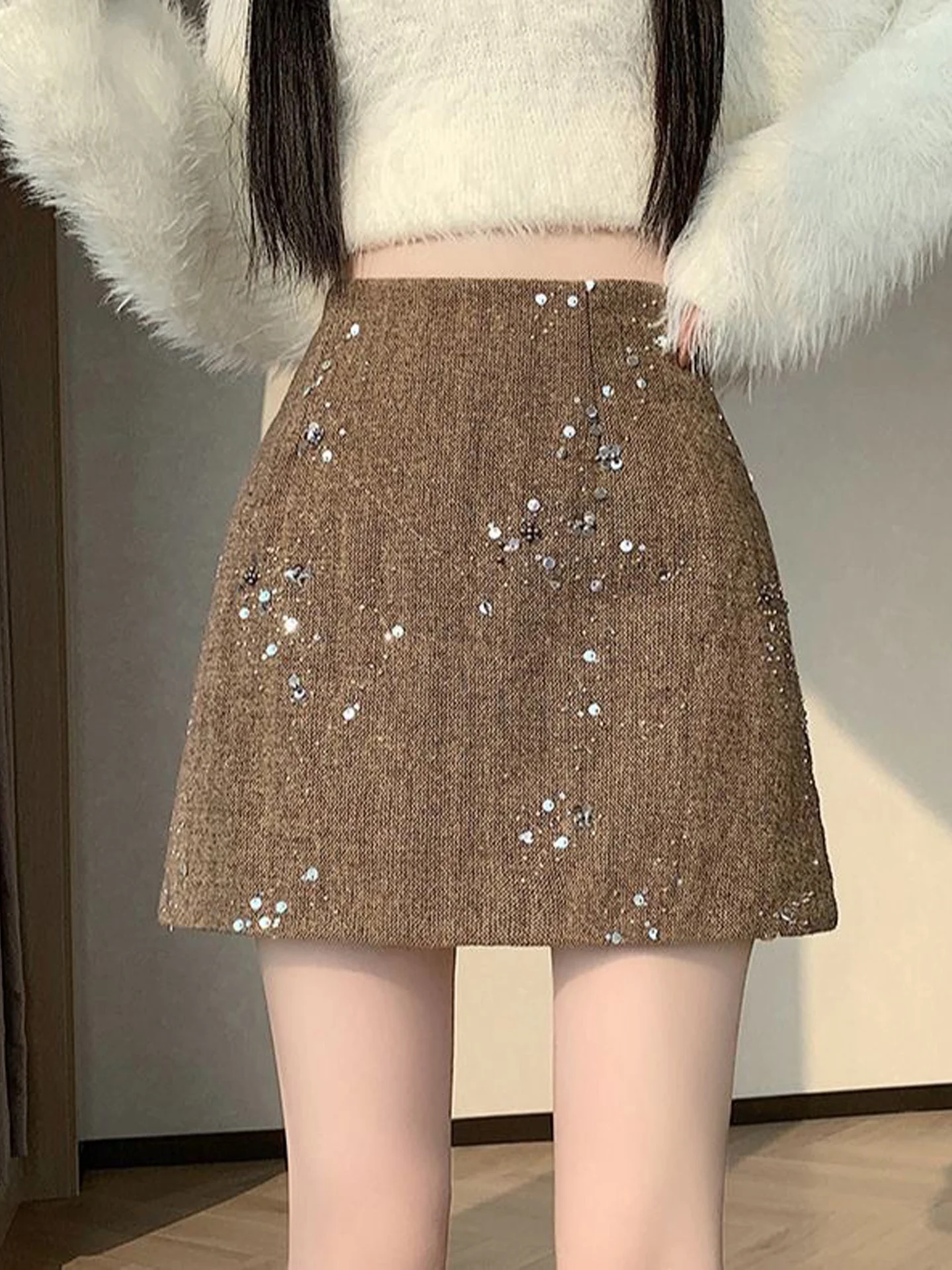 Korean Style High Waist Shiny Sequin Beaded Woolen  Skirt Women's Slimming Versatile A-Line Half-length Skirts