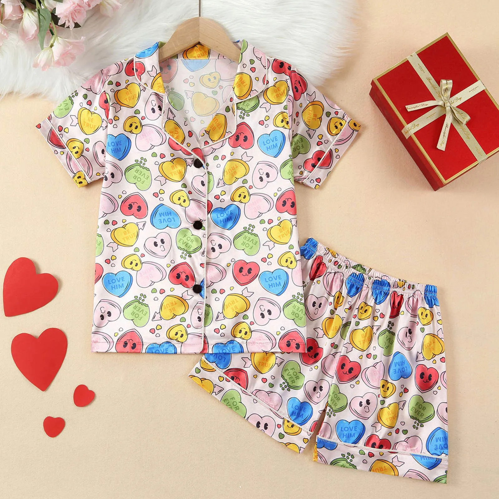 Children Silk Satin Pyjamas Set Baby Boy Girl Cute Printed Sleepwear Pijama Top Pant Short Sleeve 2pcs Nightgown Kid Loungewear