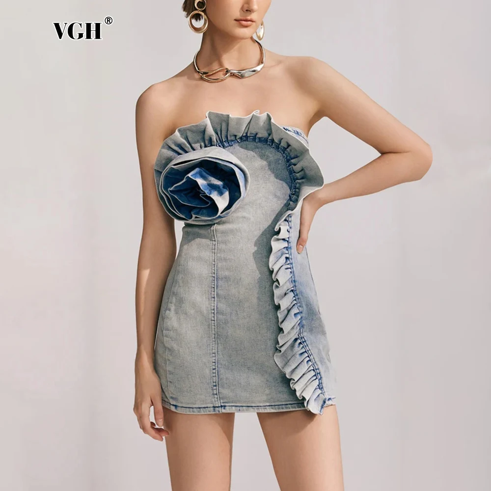 

VGH Solid Elegant Denim Dresses For Women Strapless Sleeveless Backless Spliced Ruffles High Waist Slimming Mini Dress Female