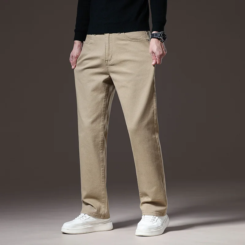 Men's Spring Autumn Straight Leg Jeans Washed Elastic Denim Pants Business Casual Versatile Solid Color Trousers Daily Commuting
