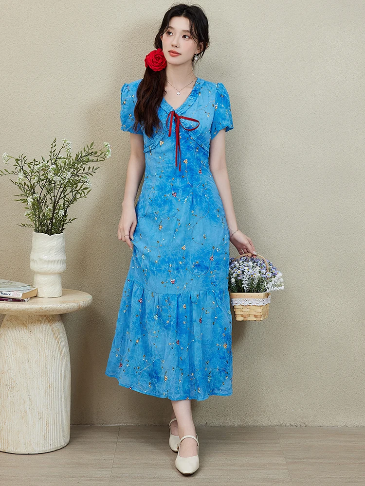 Women Blue Embroidery Floral Long Dress Summer Short Sleeve Bow V-Neck Casaul Dress 2026 Korean Fashion Elegant Bodycon Vestidos