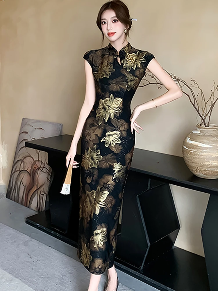 Summer Black Jacquard Floral Casual Long Dress Women Short Sleeve Hip Wrap Bodycon Dress 2025 Korean Vintage Elegant Party Dress