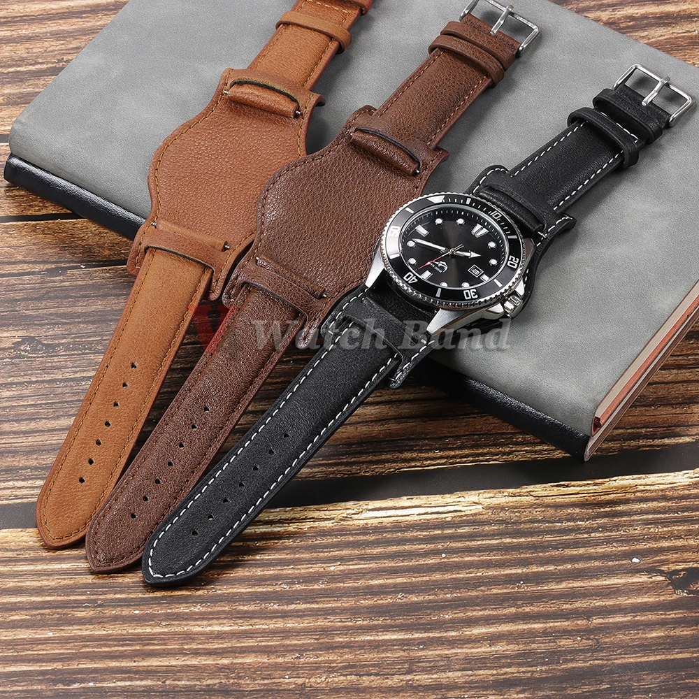 Black Brown Strap 22mm 20mm 18mm with Mat Bund Base Tray Watch Straps Men&Women Bracelet Retro Coffee Watch Band Wristband