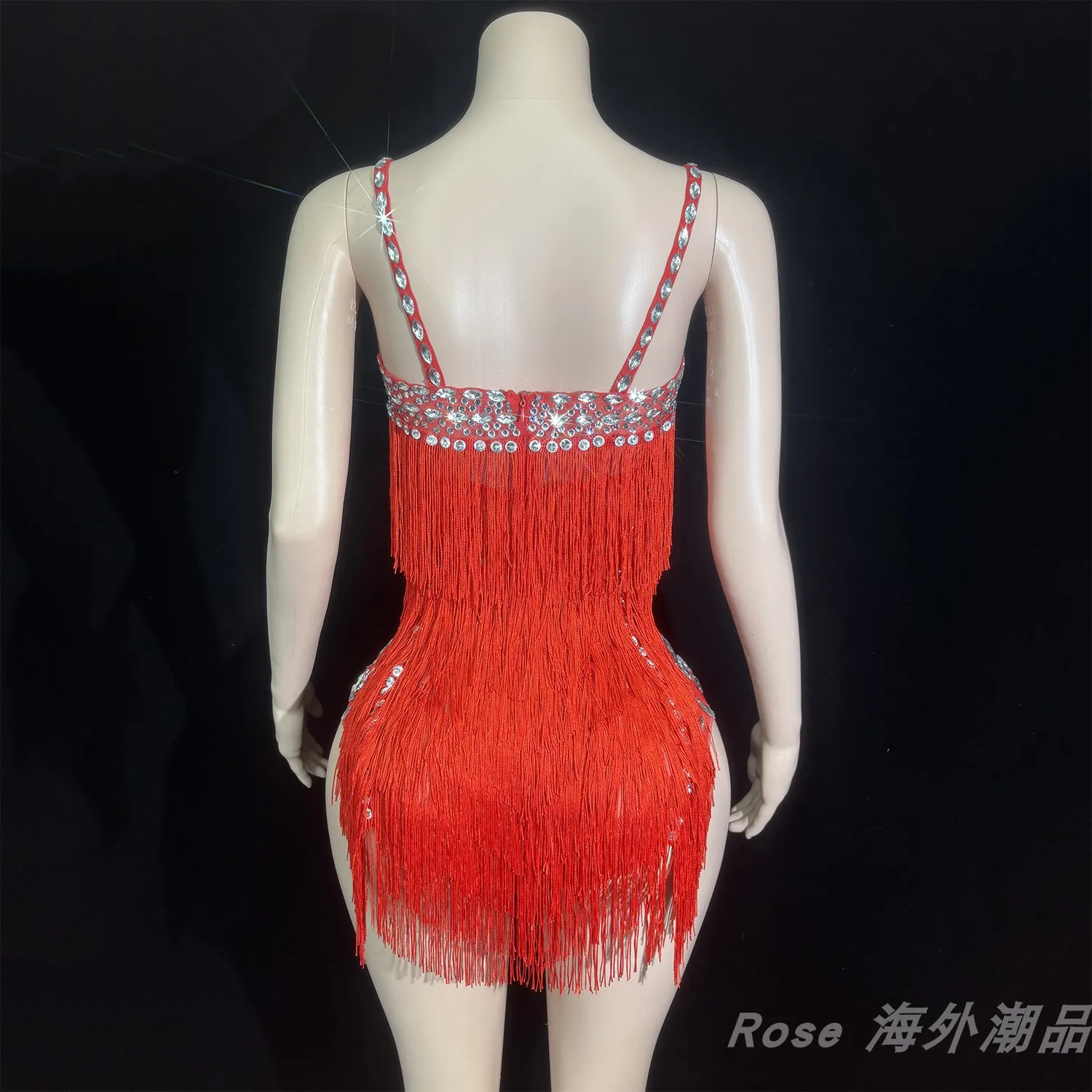 2025 Sexy Gogo danse Costume rouge frange strass body femmes discothèque Bar pôle danse vêtements Festival Rave vêtements yj025