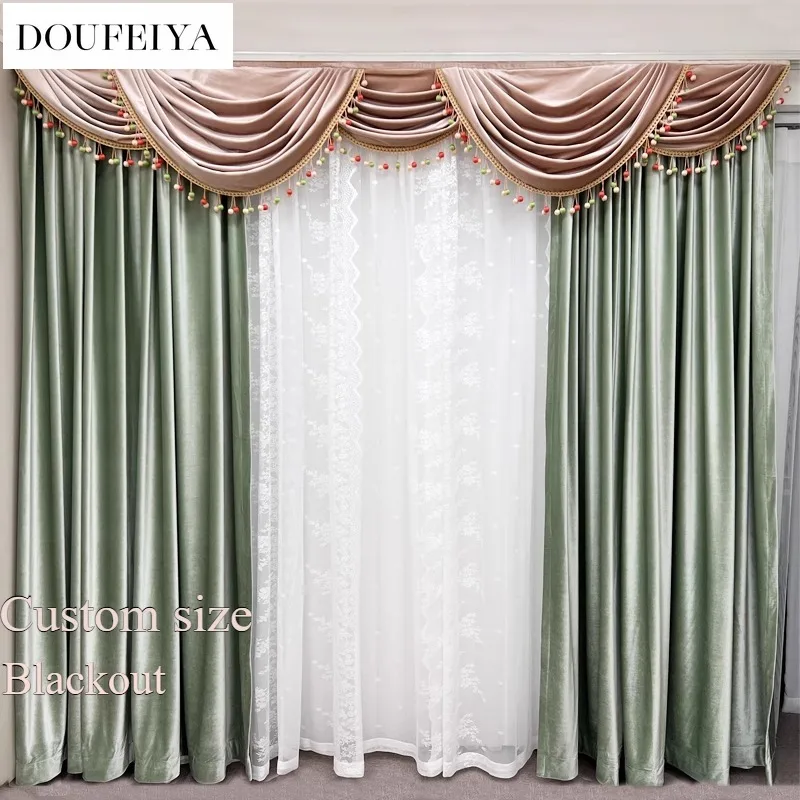 

Custom Size Retro Luxury Blackout Curtains for Living Room Bedroom Dining Velvet European Pink Green Romantic Valance Tulle