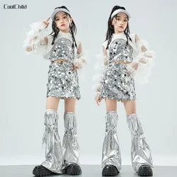 Top corto de gasa para niñas, faldas de lentejuelas para baile callejero, Hip Hop, Jazz, minifalda plateada, conjuntos de ropa, ropa de calle para niños, disfraces k-pop
