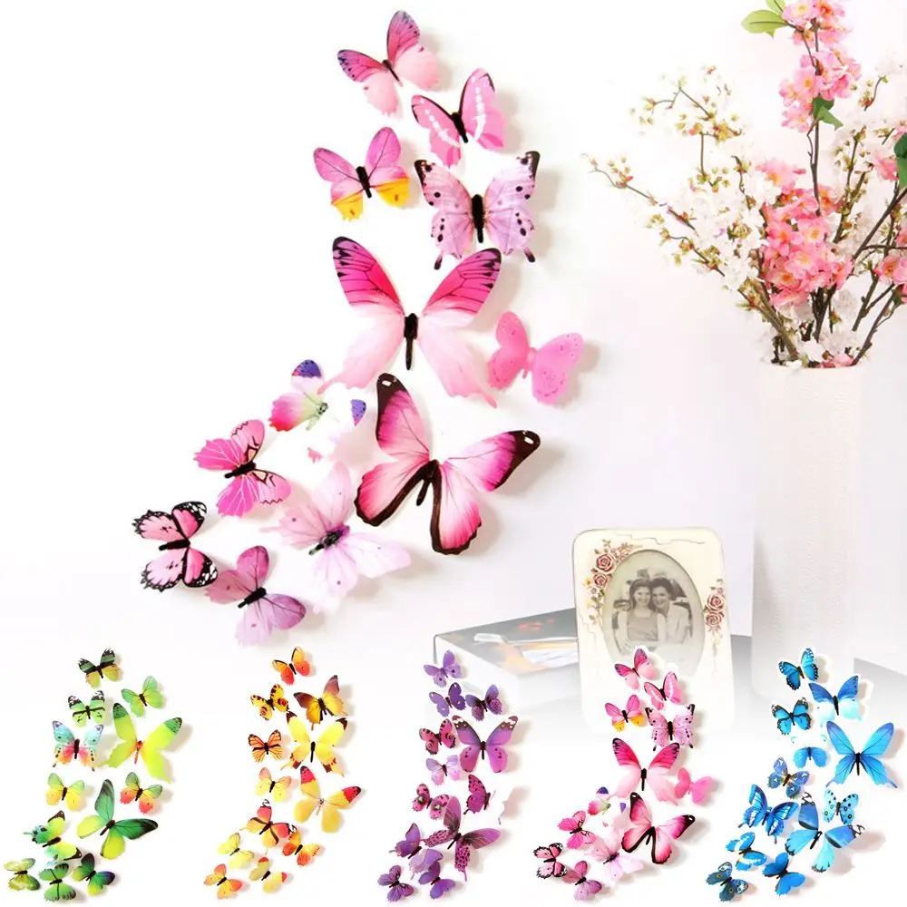 12Pcs Simulated Butterfly Three-dimensional Wall Sticker Colorful PVC Mural Wall Art Folding Wings Single Layer Home Decoration