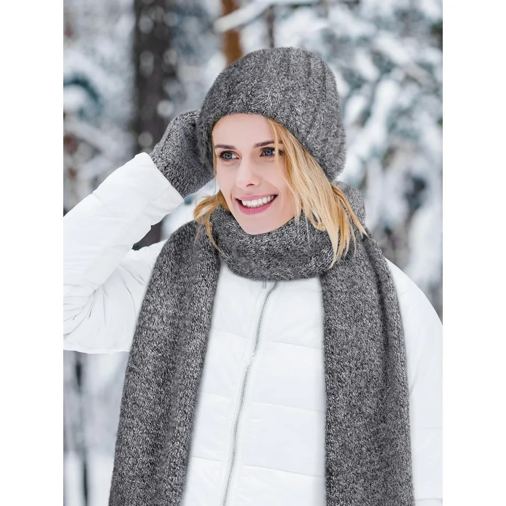 الشتاء قبعة قبعة وشاح قفازات، الدافئة الصوف متماسكة قبعة وشاح طويل الرقبة أدفأ شاشة تعمل باللمس قفازات الشتاء مجموعة هدايا للنساء
