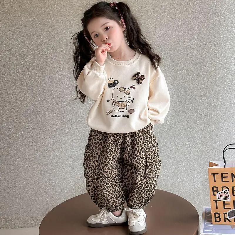 

Толстовка Sanrio Hello Kitty с леопардовым принтом, 2 шт., новый стиль, детский повседневный свитшот с героями мультфильмов, детский модный рабочий брючный костюм, хит продаж