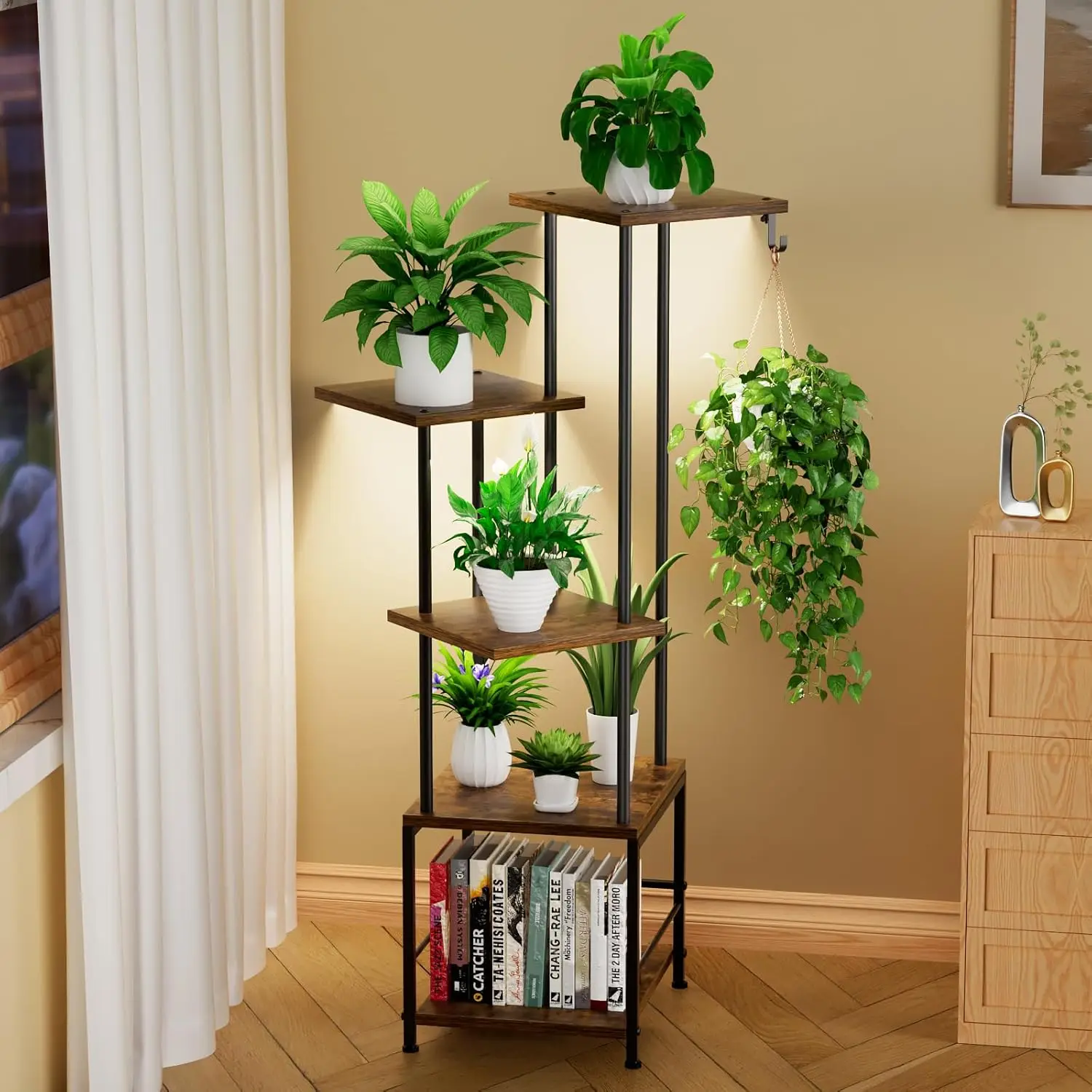 

5-Tier Metal Plant Stand with Adjustable Grow Light, Hanging Hook for Indoor Garden, Living Room, Patio in Black Brown