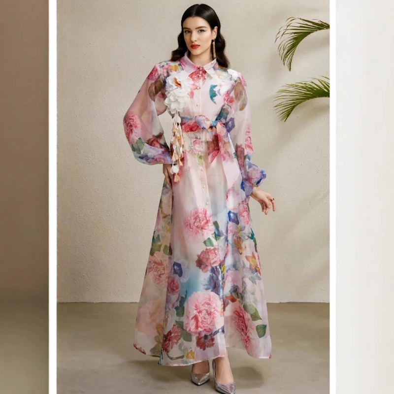 

Luxury High-quality Vintage Women Maxi Dresses Robe Belt Fitted Lantern Sleeves Printed Single-breasted Mesh Elegant Long Dress