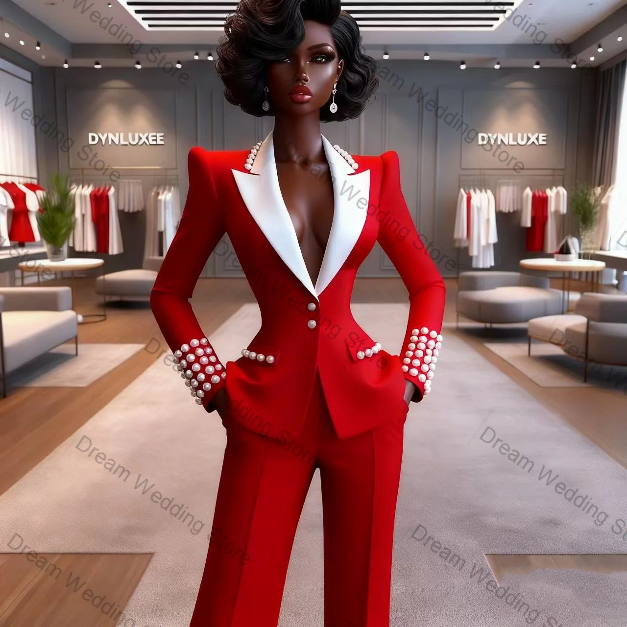 Perły Czerwono-Biały Damski Garnitur 2-częściowy Marynarka+Spodnie Bawełniane Formalny Biurowy Żakiet Damski Personalizowany Płaszcz dla Gościa Weselnego