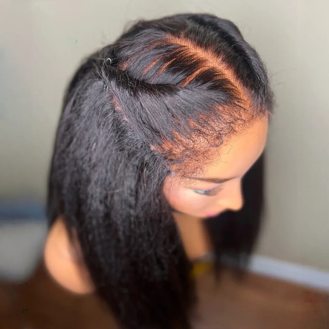 180%Density Long Natural Black Kinky Straight Yaki Soft 26Inch Lace Front Wig Preplucked Glueless Wig For Women synthetic