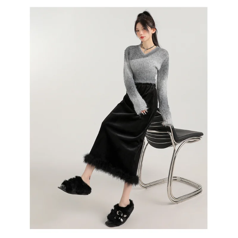 Women's Korean Style Black Velvet Midi Skirt Winter New Fleece Lined High-End Split A-Line Pencil Long Skirt