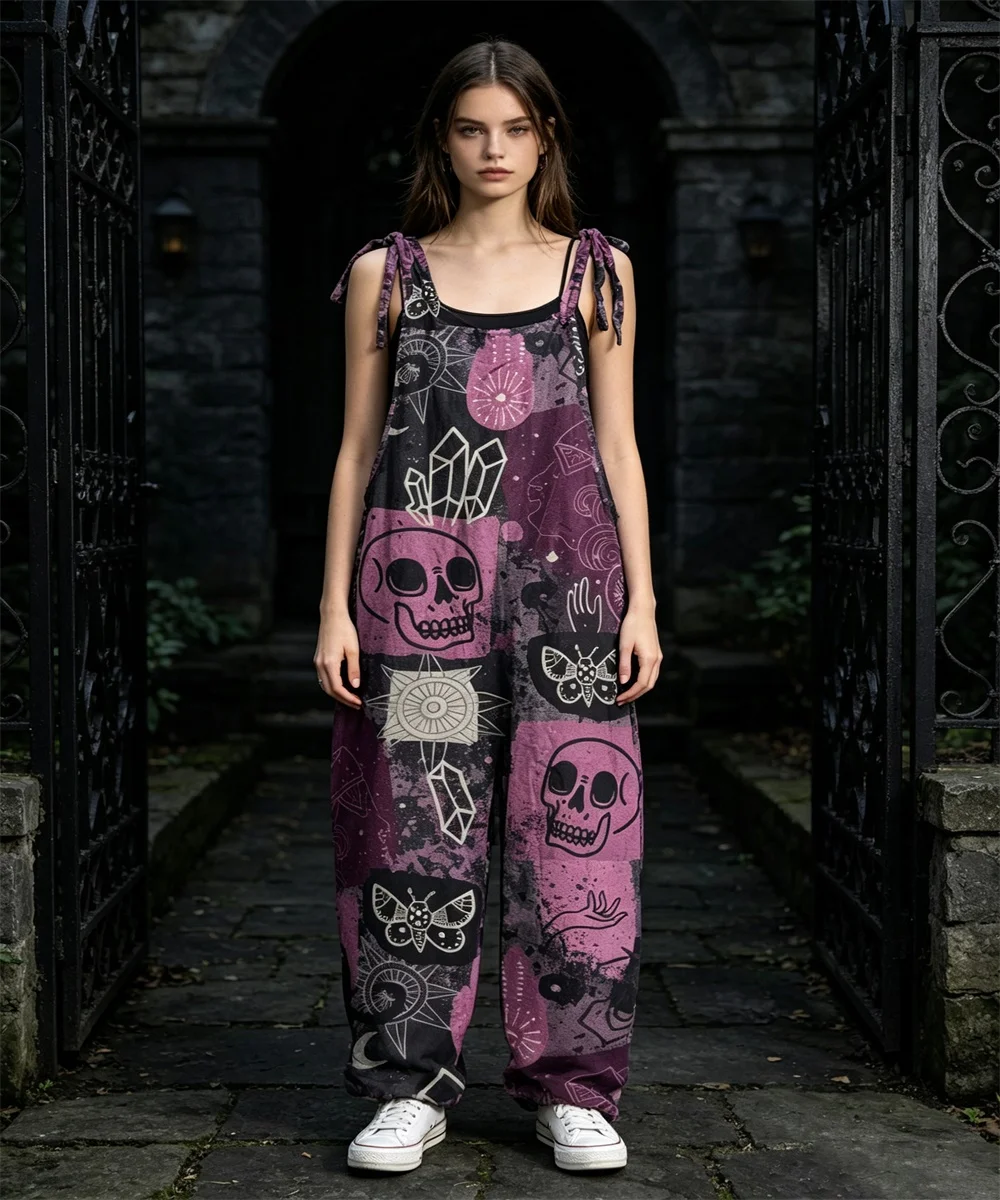 New women's oil painting texture giant purple flower print comfortable jumpsuit, off shoulder sleeveless loose jumpsuit