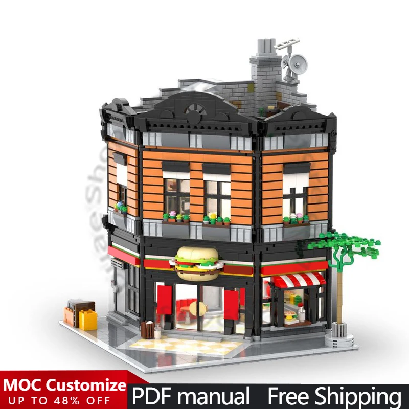 

2366 деталей, конструктор MOC «Уличный ресторан-бургерия», модульная сборка, популярный креативный дизайн, игрушка для мальчиков, подарок на Рождество