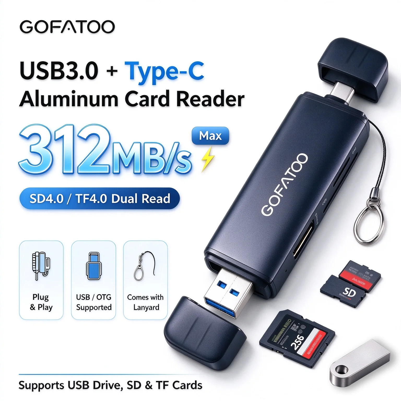 GOFATOO 2-in-1 USB 3.0 & Type-C Card Reader | 312MB/s High Speed | SD 4.0 / TF 4.0