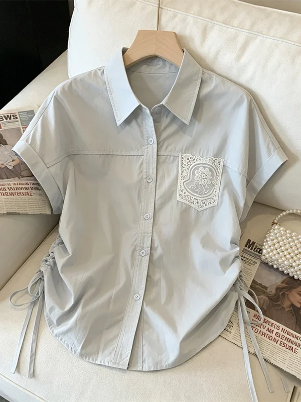 

Loose Drawstring Short Sleeve Women's Shirt Summer 2026 New Style plus Size Fashionable Top Belly Covering Korean Style