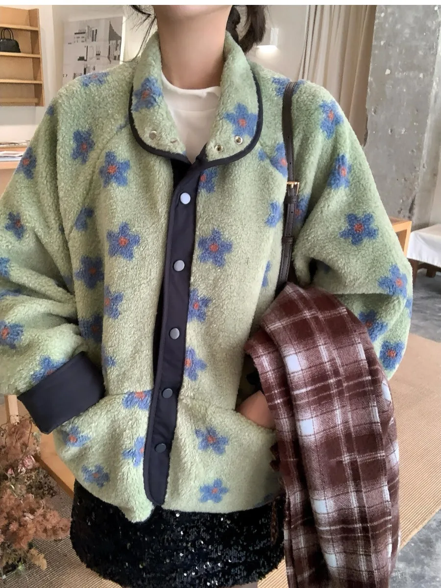 الكورية Sle الدفء eepskin المرأة ort معطف ربيع الخريف الشتاء الأزهار طباعة فروي Jaet لطيف الحلو تقليل العمر