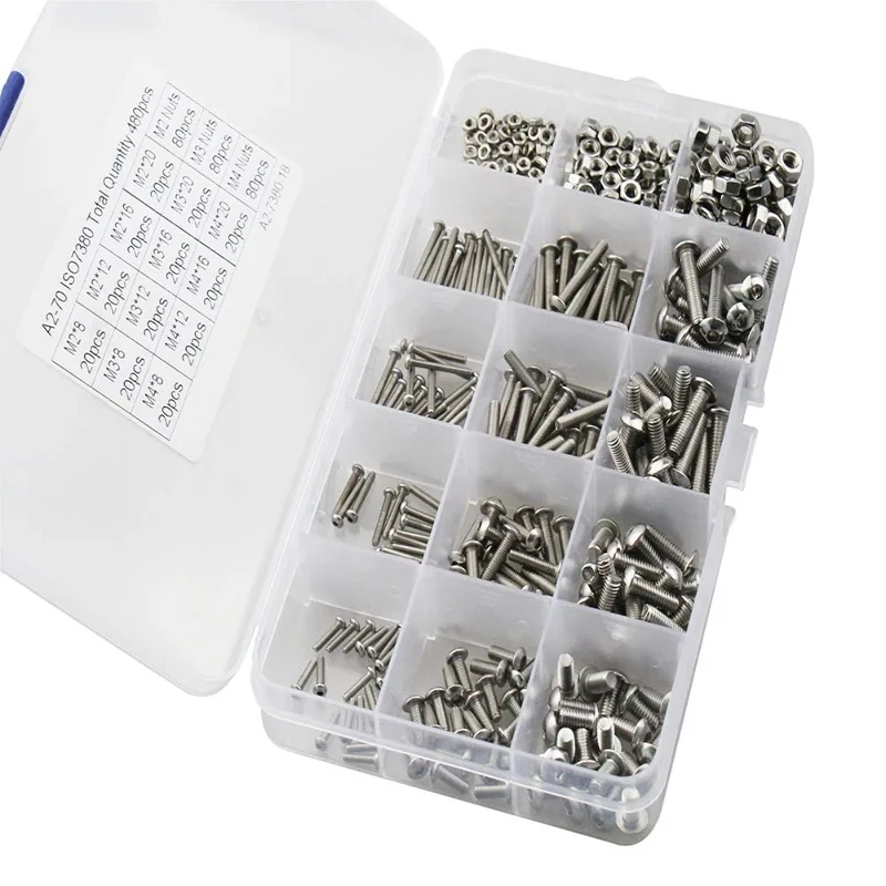 Fastener Hardware 480pcs/set M2 M3 M4 Button Head Hex Socket Screw Bolt Nut Stainless Steel SS304 Screws Nuts Assortment Kit