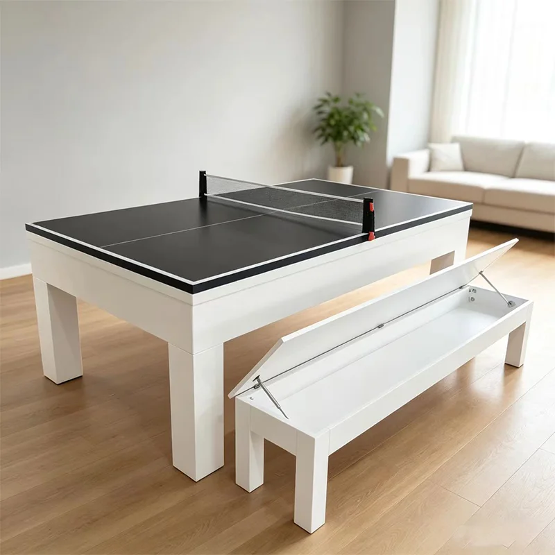 Multi 3-in-1 Pool Table Multifunction With Dining and Tennis Top Solid Wood Billiard Table with Storage Bench